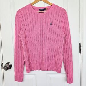 Polo Ralph Lauren Crewneck Sweater Womens L Pink Cable Knit Fisherman Pony Prep